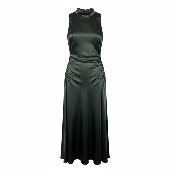 grade & gather Dresses & Skirts - Grade & Gather Satin Mock Neck Ruched Midi Dress Dark Green Sleeveless Large